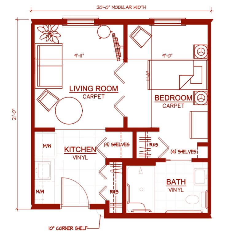 One Bedroom “Chestnut” Unit 433 square feet