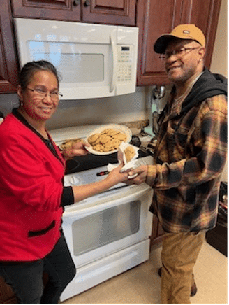 Following the line dancing, residents helped bake a few batches of cookies to prepare for Cookies with Santa! The residents baked batches of chocolate chip, peanut butter, and sugar cookies.